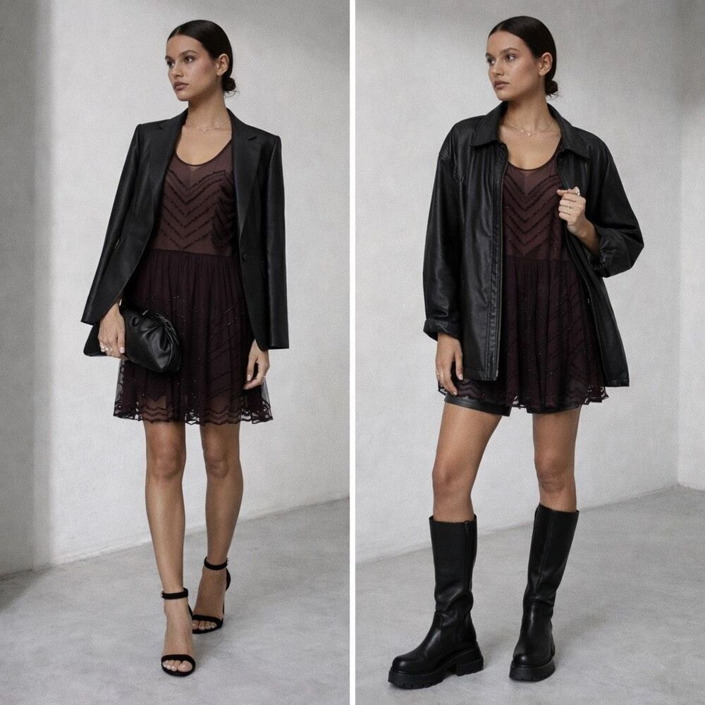 Free People Plum Beaded Mesh Sheer Fit & Flare Dress XS NWT